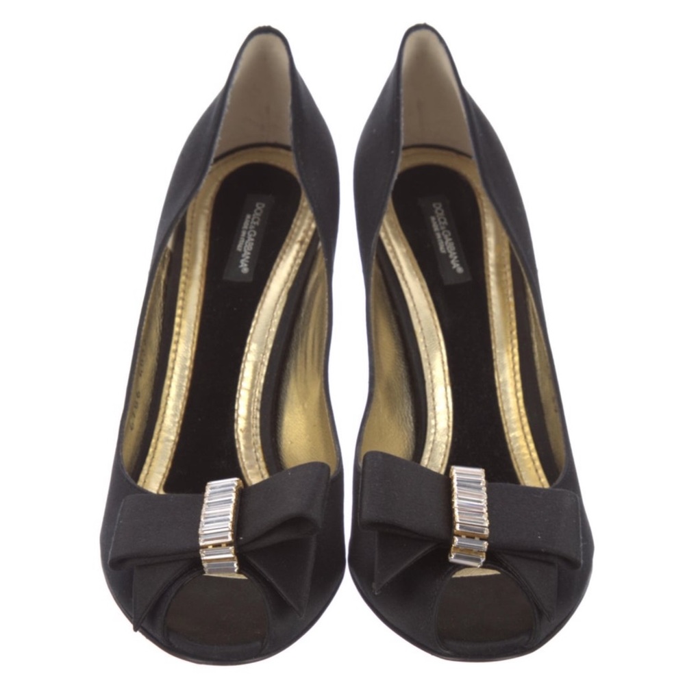 DOLCE & GABBANA Peep Toe Pumps Silk Bow Crystal Embellishments Heels EUC